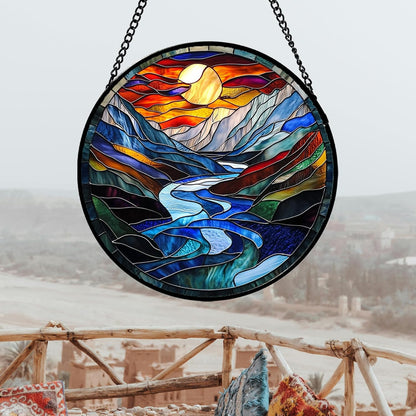 Stained Glass Window Hanging, Canyon Mountains Sunset View Sun Catcher for Window Home Decor