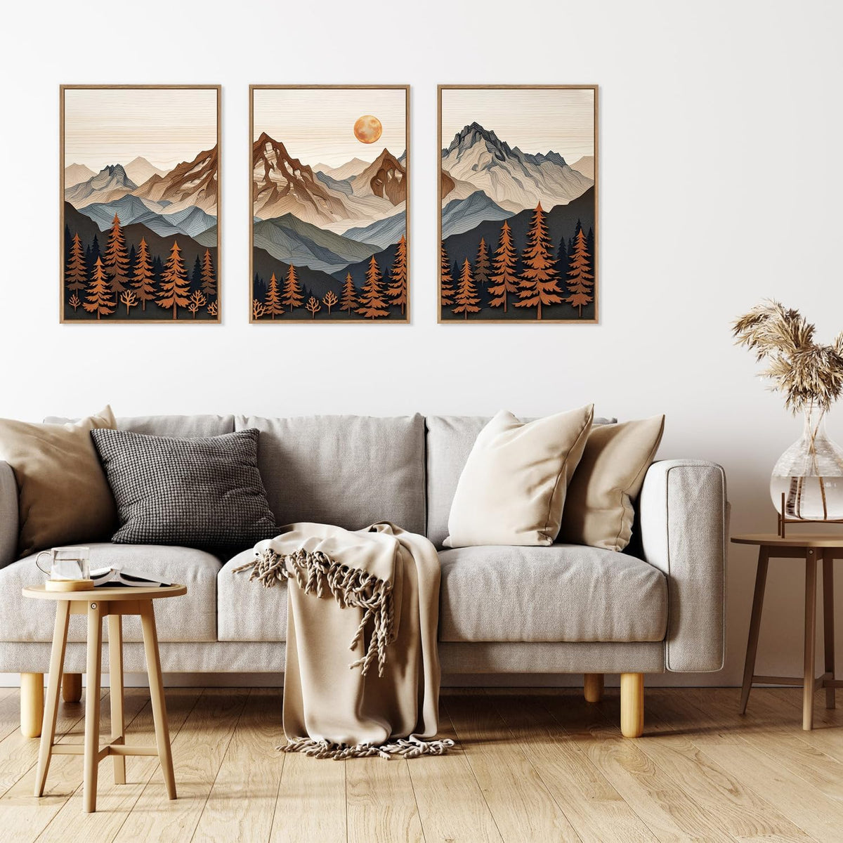 HLNIUC Large Boho Mountain Framed Canvas Wall Art Set,Woodcut Style Mountain Wall Decor,Vintage