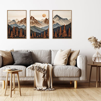 HLNIUC Large Boho Mountain Framed Canvas Wall Art Set,Woodcut Style Mountain Wall Decor,Vintage