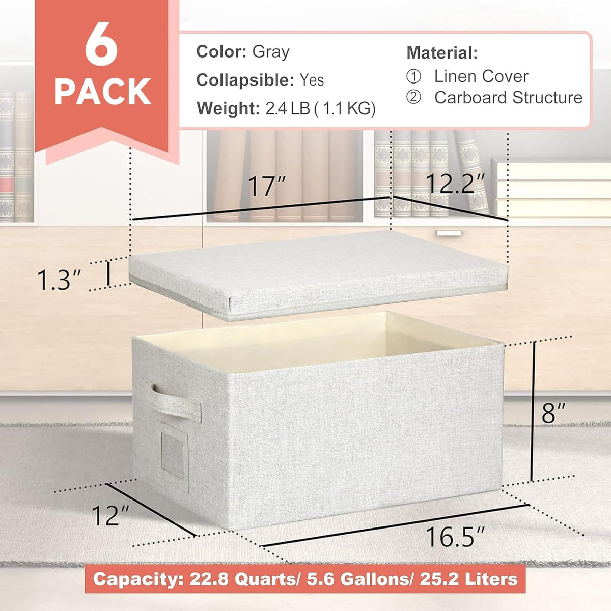 Large 17''x12'' Quart Collapsible Stackable Storage Bins with Lids, 6 Packs Off White Fabric Closet