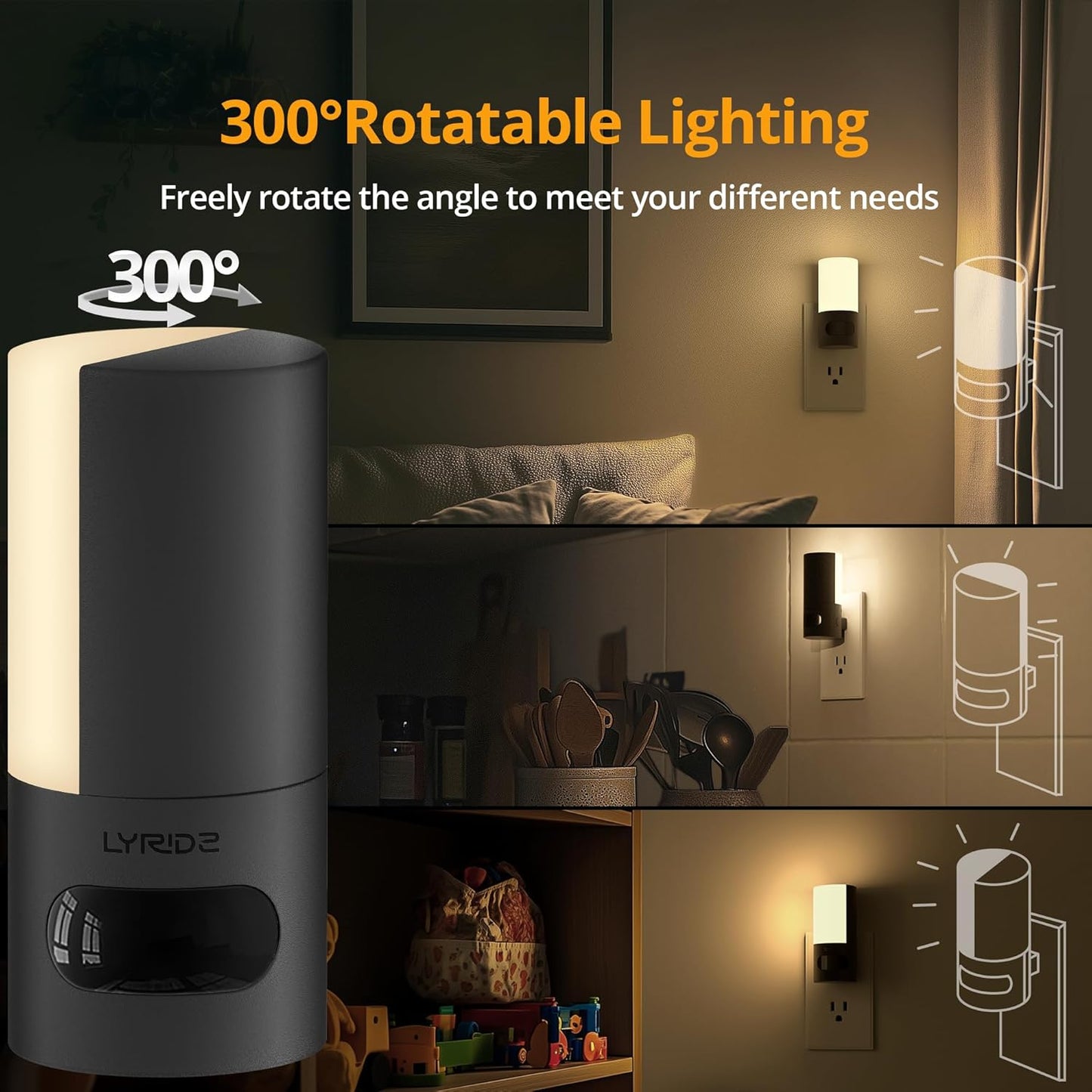 Lyridz Plug-in LED Rotatable Night Light with Motion Sensor, Dimmable Backlit Nightlight with