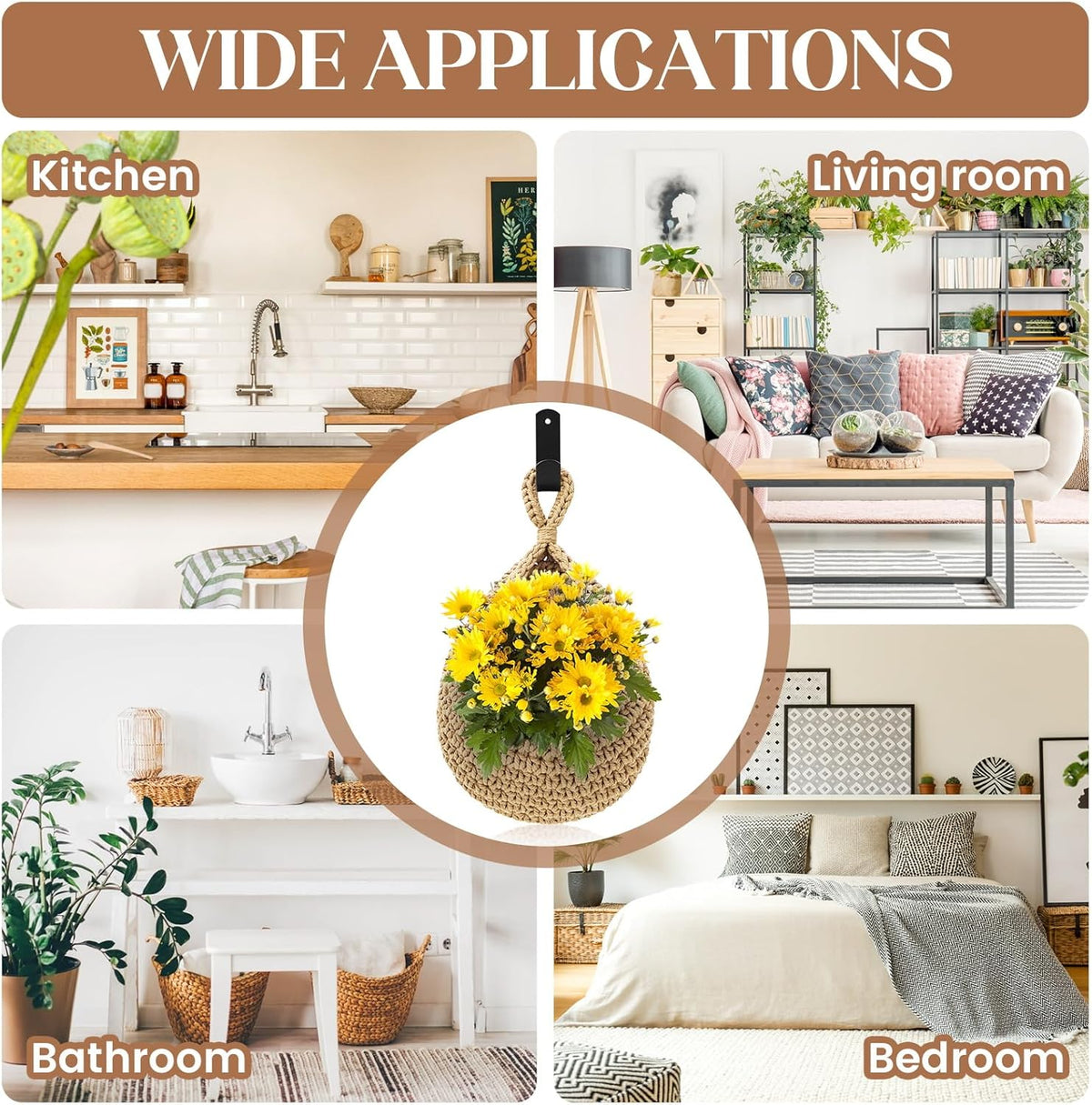 Wall Hanging Baskets for Organizing - 3 Pack Hanging Fruit Basket with 6 Pcs Strong Hooks