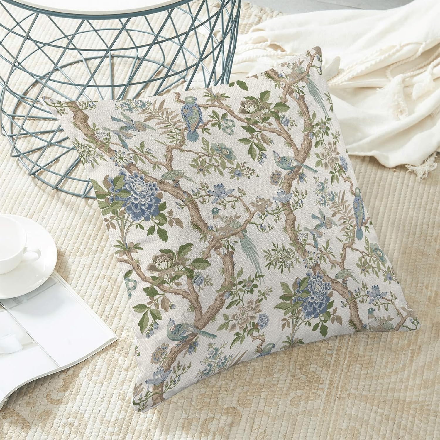 CXMEIFLY Chinoiserie Spring Pillow Covers 22 x 22 Inch Set of 2 for Blue Sage Green Vintage Flowers