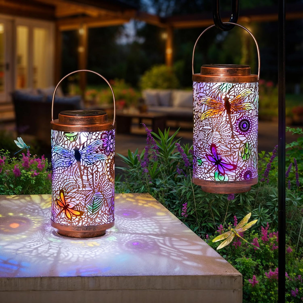 2Pack Solar Outdoor Lanterns Waterproof Multicolor Dragonfly Garden Gifts for Mom Women Backyard