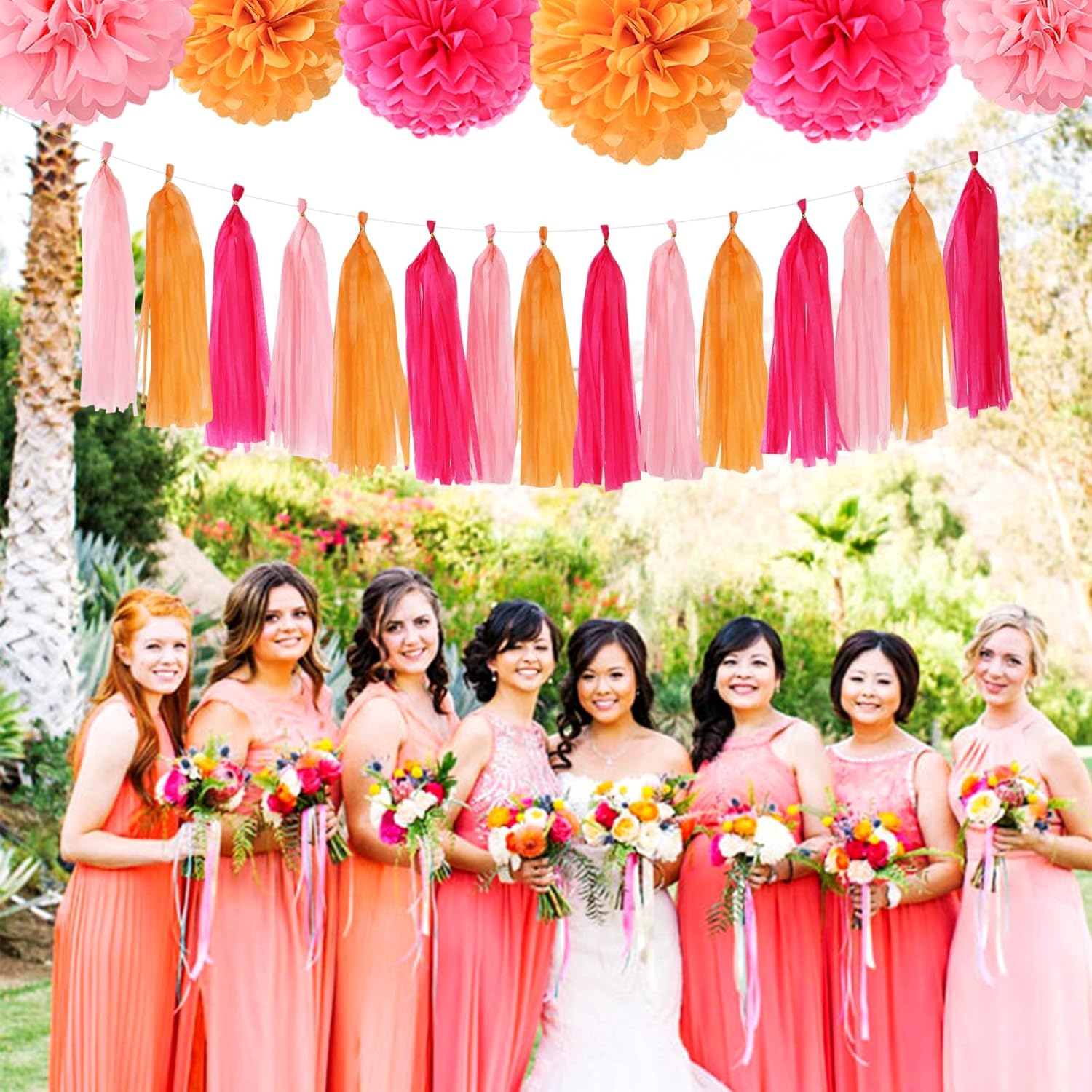 Hot-Pink Orange Fall Party-Decorations Tassel-Garland - 15pcs Groovy Baby-Shower Birthday Wedding