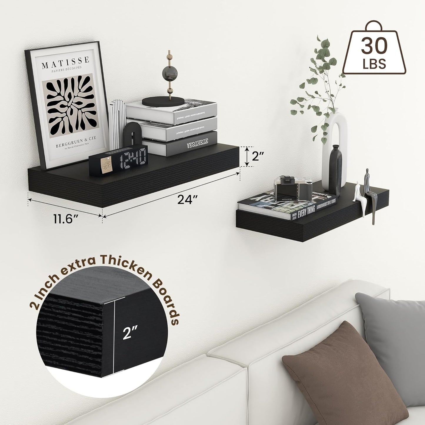 Deep Floating Shelves for Wall, 24W x 12D Black Floating Shelves Set of 2, 12'' Deep Large Wood