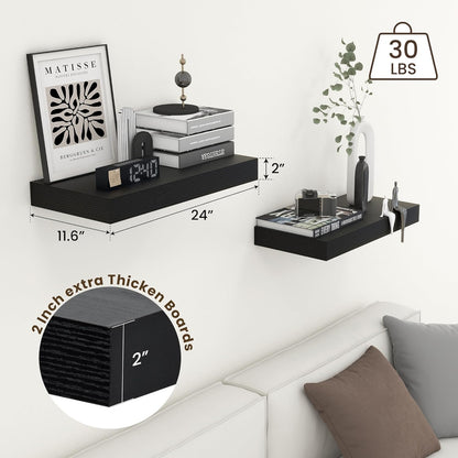 Deep Floating Shelves for Wall, 24W x 12D Black Floating Shelves Set of 2, 12'' Deep Large Wood