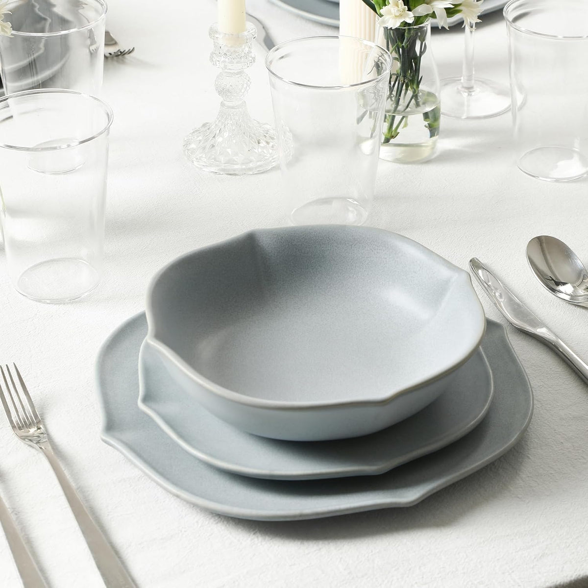 Stone Lain Baskerville 16-Piece Dinnerware Set Stoneware, Borosilicate Glass, Light Blue