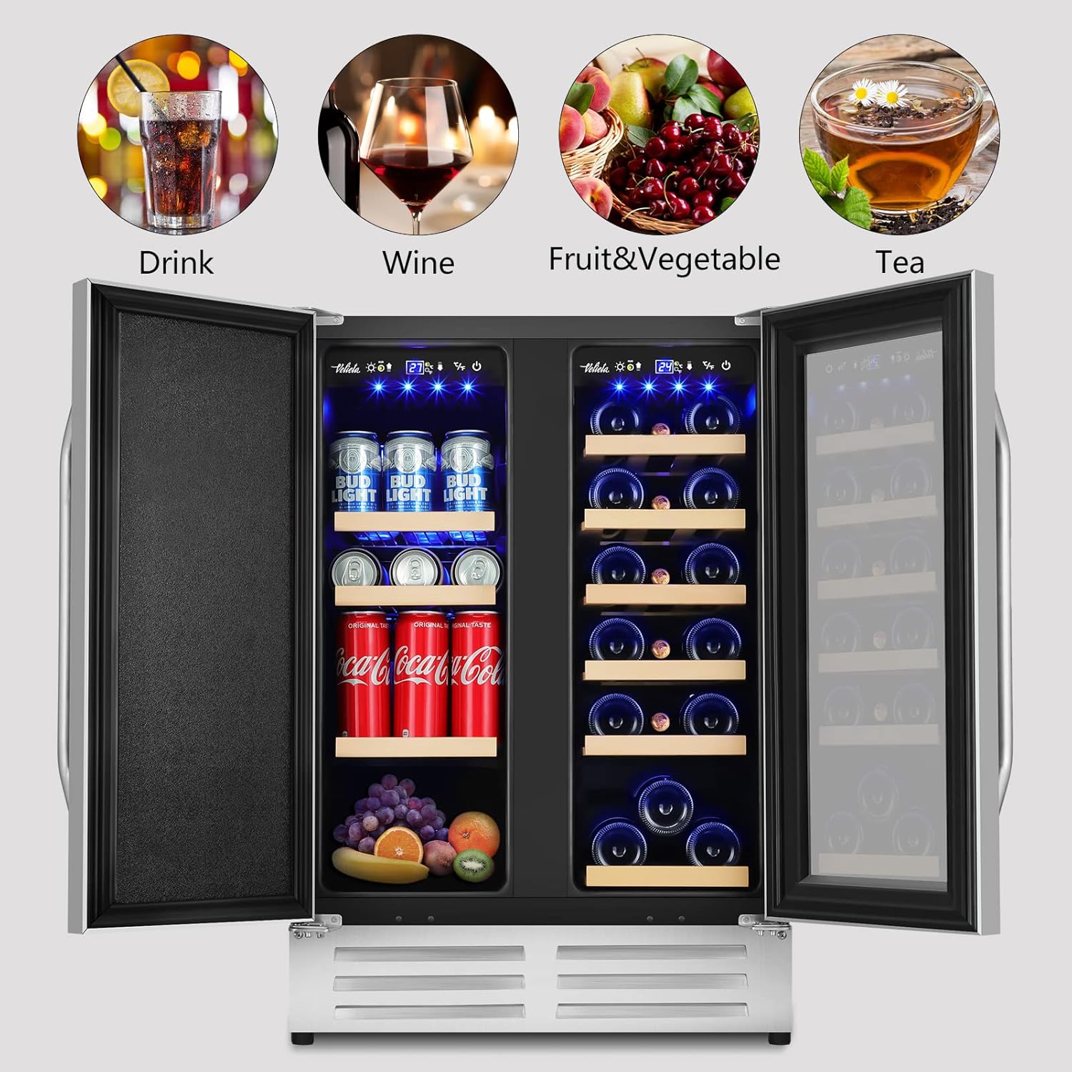 Wine and Beverage Refrigerator,24 Inch Dual Zone Wine Beverage Cooler, Built-in/Freestanding Beer