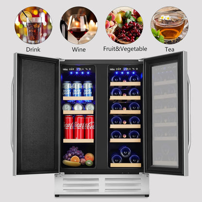 Wine and Beverage Refrigerator,24 Inch Dual Zone Wine Beverage Cooler, Built-in/Freestanding Beer