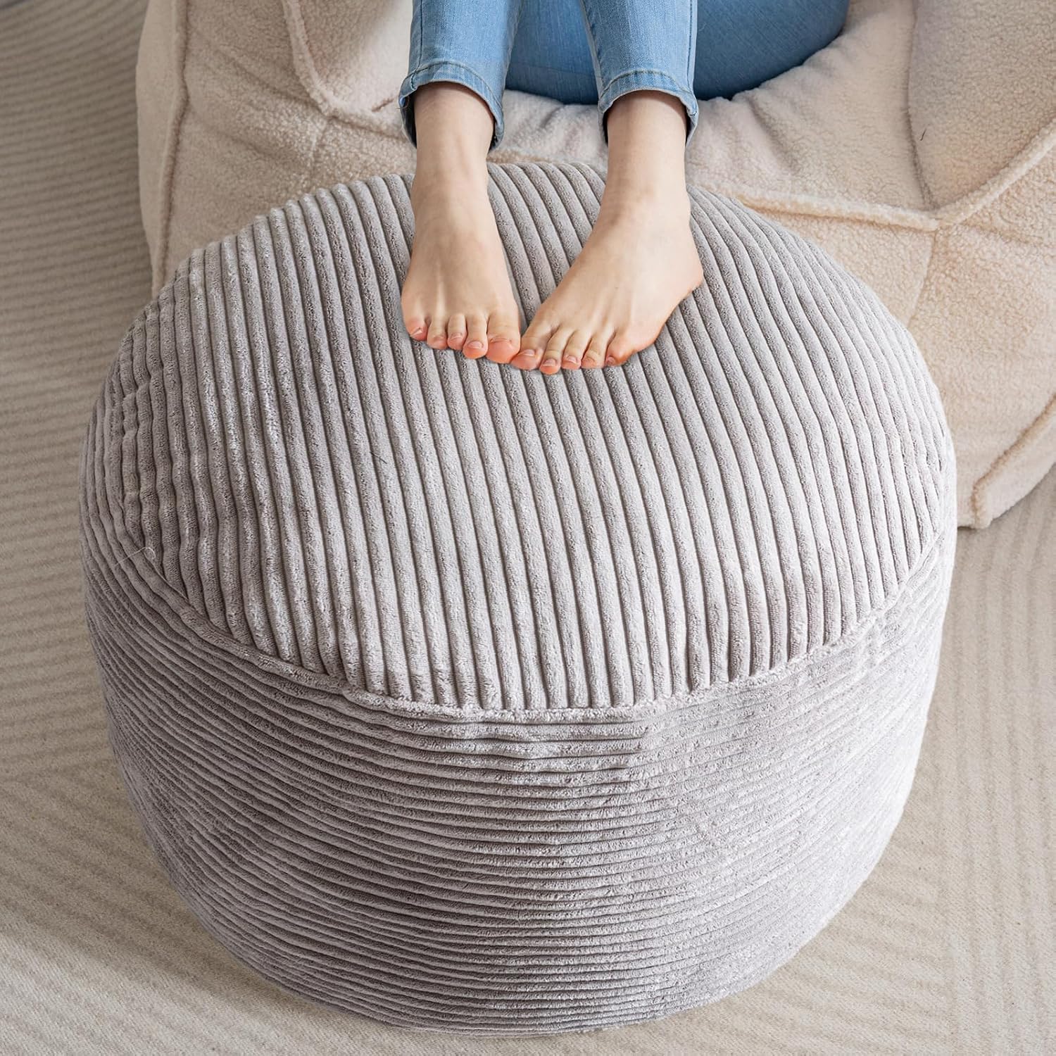 HIGOGOGO Round Stuffed Pouf Ottoman, Corduroy Poufs with Foam Chunk Filling, Furry and Fluffy Pouf