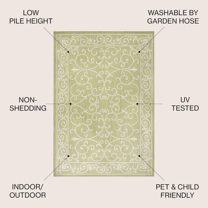 JONATHAN Y Vintage Filigree Indoor Outdoor Area Rug 5X8 Green/Cream, Charleston Textured Weave for