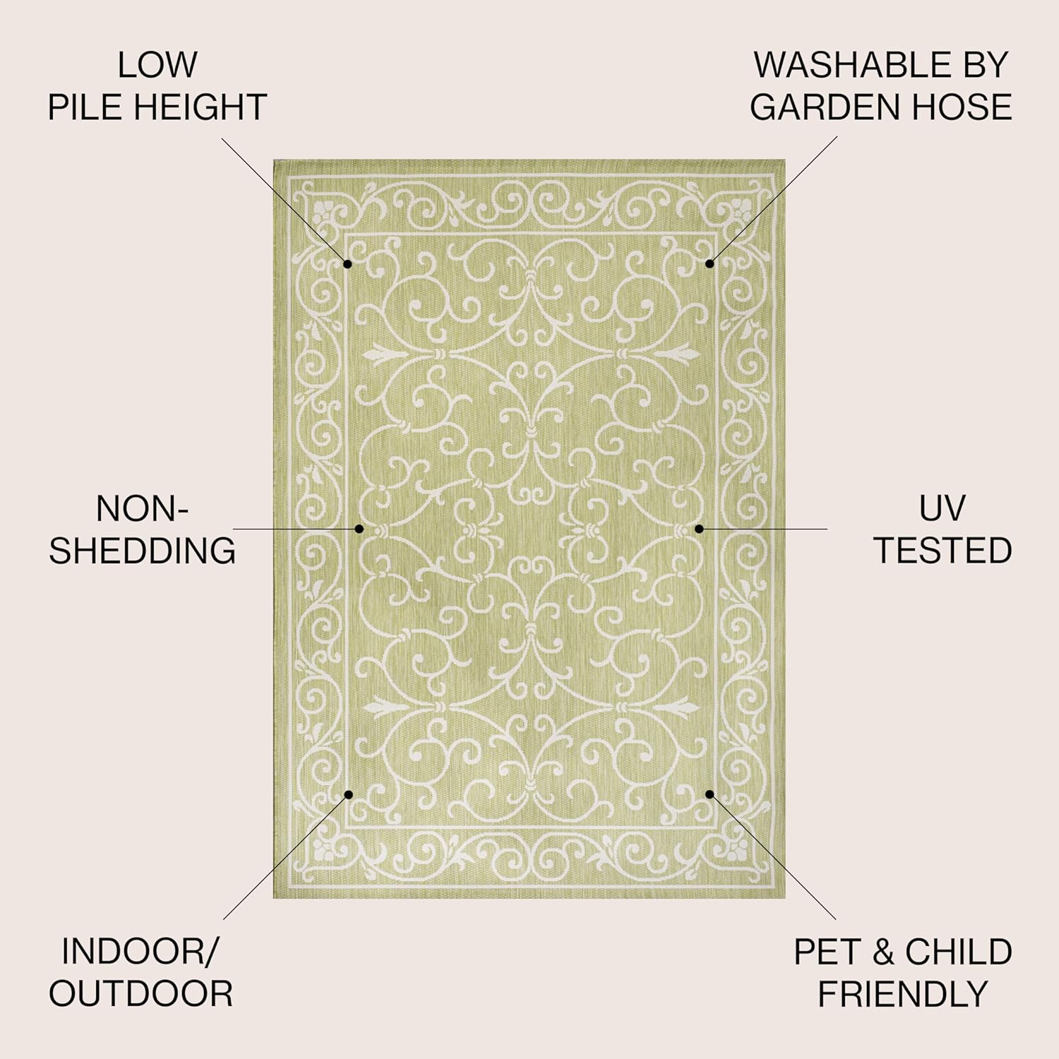 JONATHAN Y Vintage Filigree Indoor Outdoor Area Rug 4X6 Green/Cream, Charleston Textured Weave for