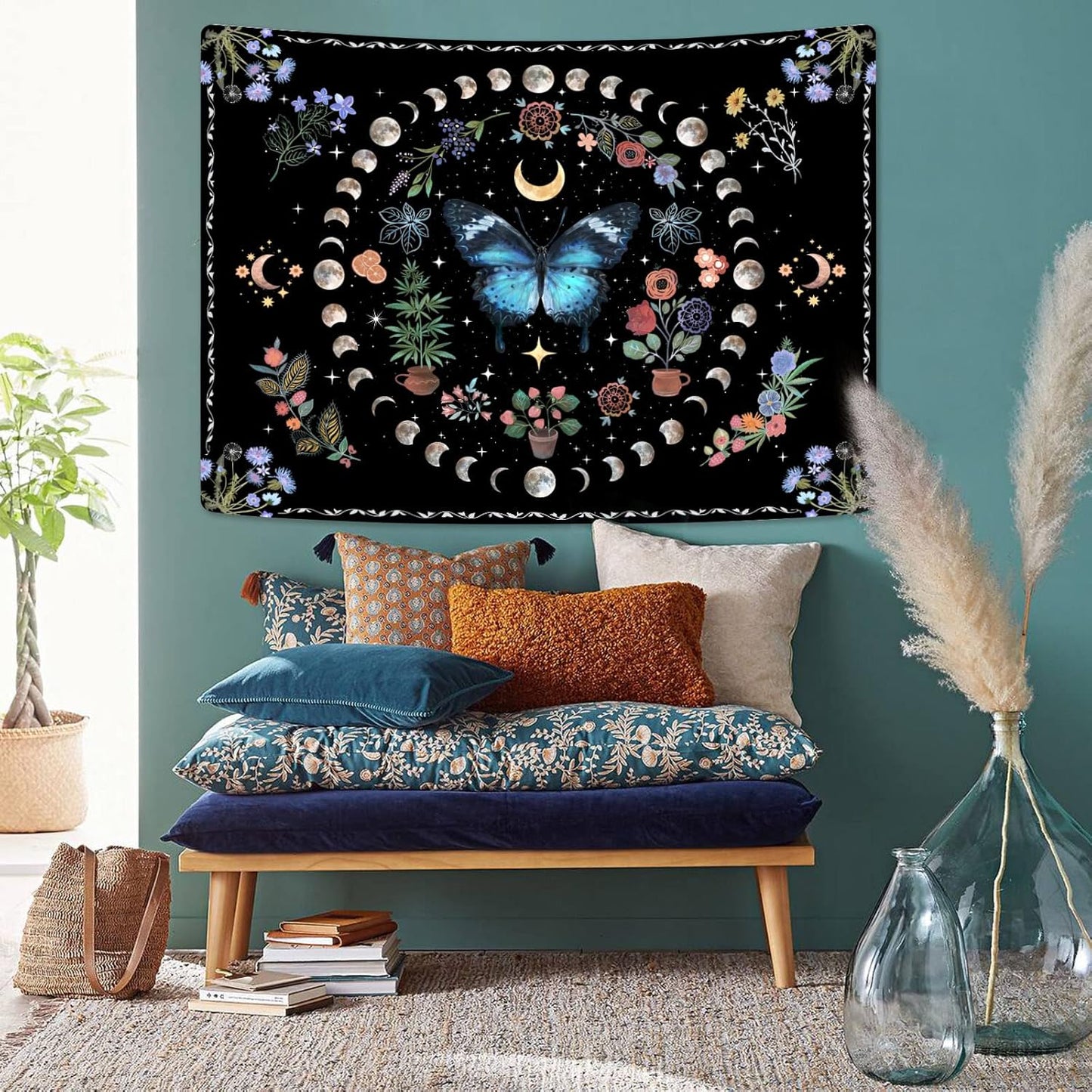 Fowocu Blue Butterfly Moon Flower Tapestry Boho Floral Plant Tapestries for Bedroom Aesthetic