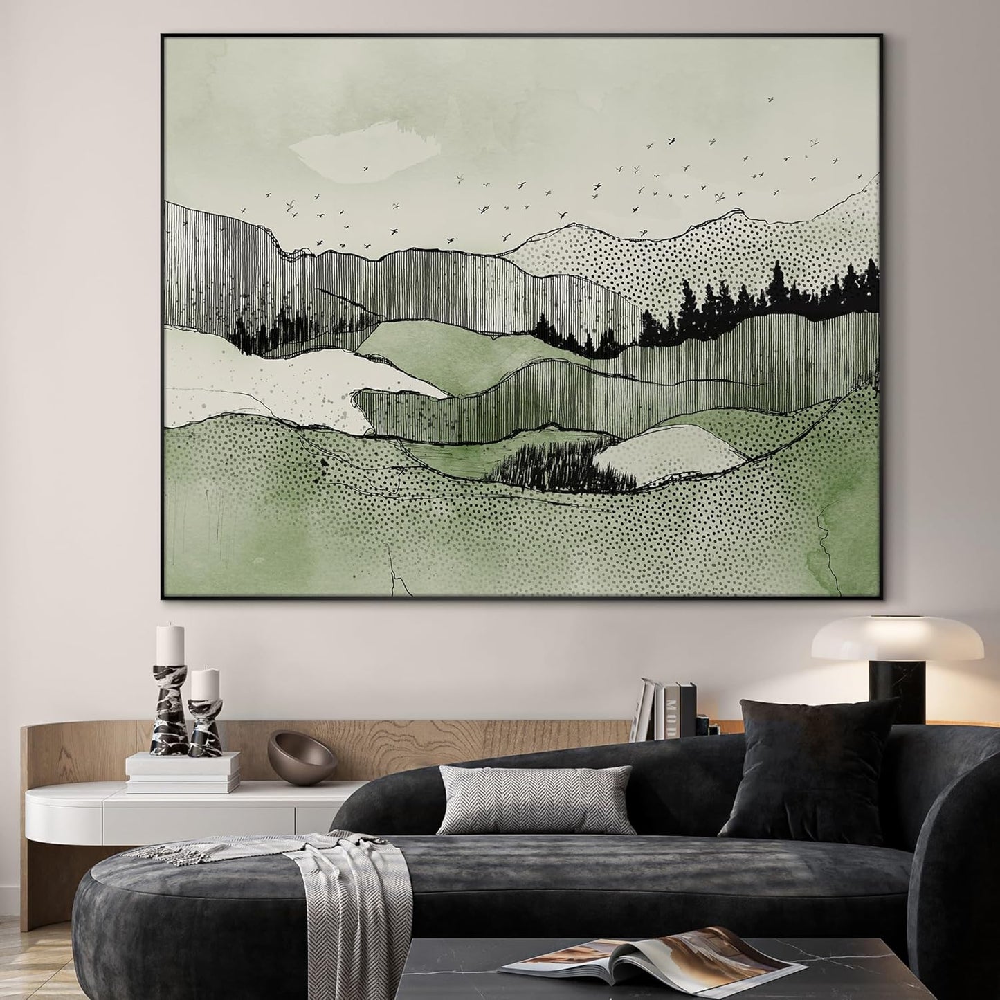 SIGNWIN 46"x60" Extra Large Framed Wall Art Green Line Art Mountain Landscape Illustration for Home