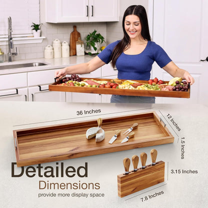 Acacia 36 Inch Extra Large Charcuterie Board with Cheese Knife Set of 4 - Acacia Wood Serving Tray
