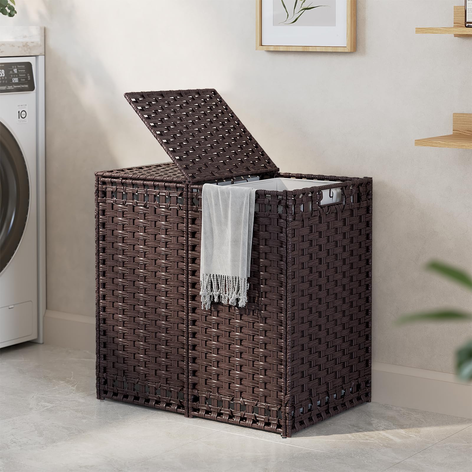 130L Foldable Laundry Hamper with Lid - Handwoven Rattan Storage Basket, 2-Section Clothes Hamper