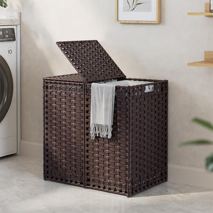 130L Foldable Laundry Hamper with Lid - Handwoven Rattan Storage Basket, 2-Section Clothes Hamper