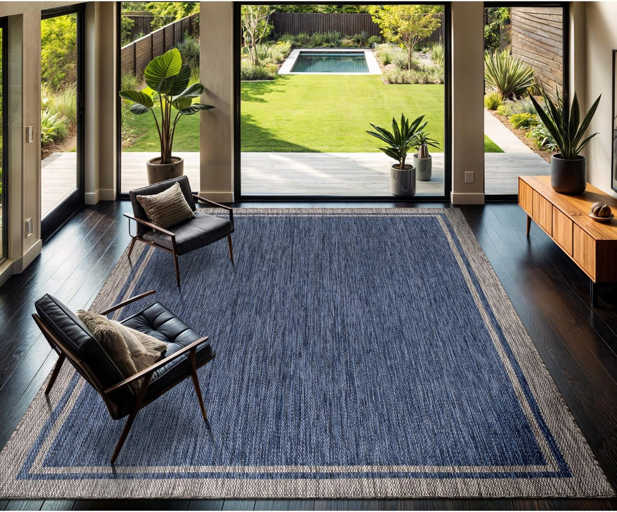 CAMILSON Outdoor Rug, 8x10 Bordered Navy Blue Gray Modern Area Rugs for Indoor and Outdoor Patios