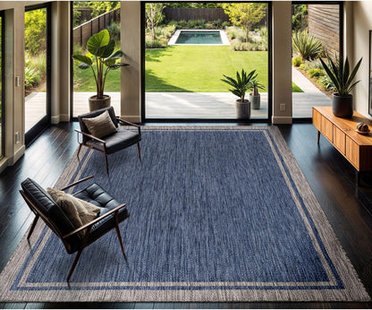 CAMILSON Outdoor Rug, 8x10 Bordered Navy Blue Gray Modern Area Rugs for Indoor and Outdoor Patios