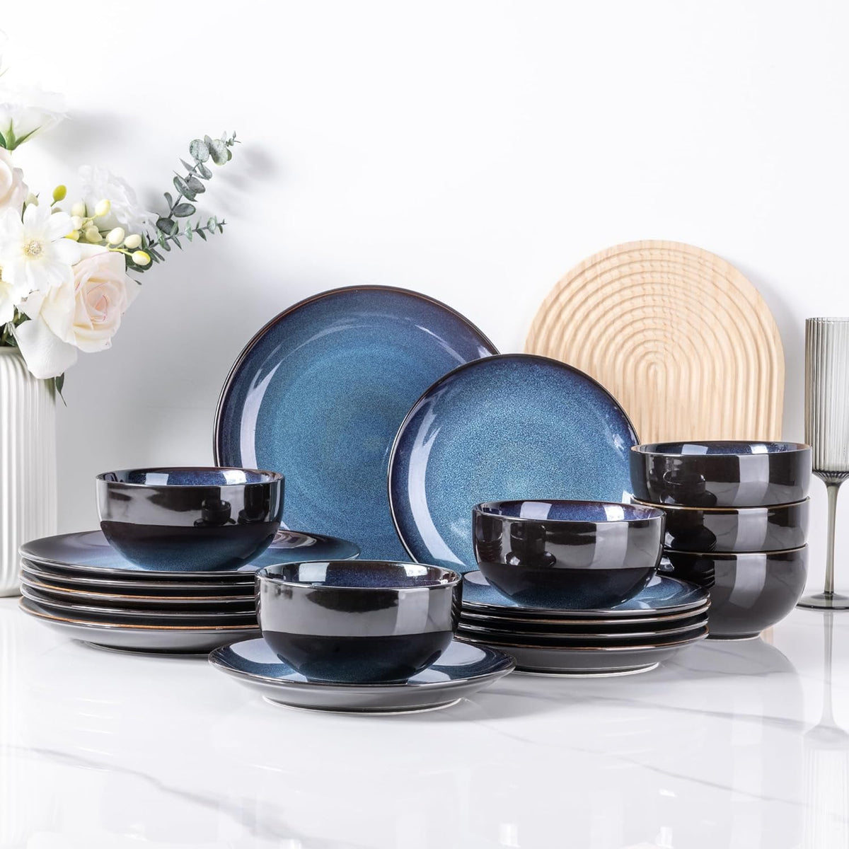 LeRatio Ceramic Dinnerware Sets for 6,Plates and Bowls Sets,Handmade Reactive Glaze Dishes Set,Chip