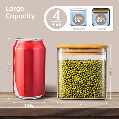 27oz - 4 Pack Square Glass Jars with Bamboo Lids, Glass Food Storage Containers with Airtight Lids