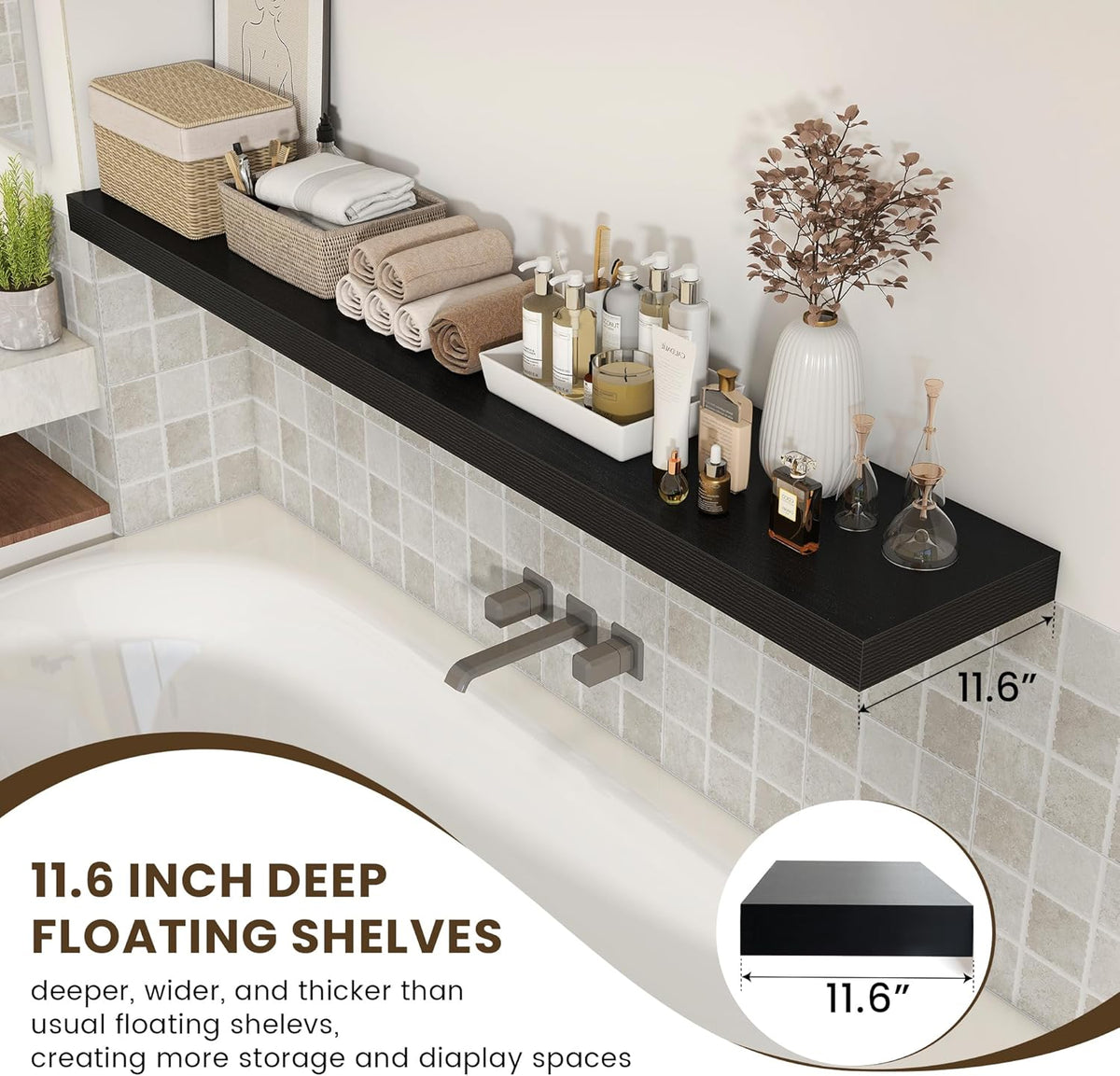 Black Floating Shelves for Wall - 72 Inch Wide x 12 Inch Deep Wall Shelves Set of 1 - Rustic Black
