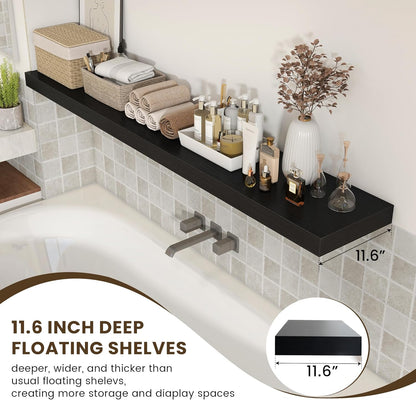 Black Floating Shelves for Wall - 72 Inch Wide x 12 Inch Deep Wall Shelves Set of 1 - Rustic Black