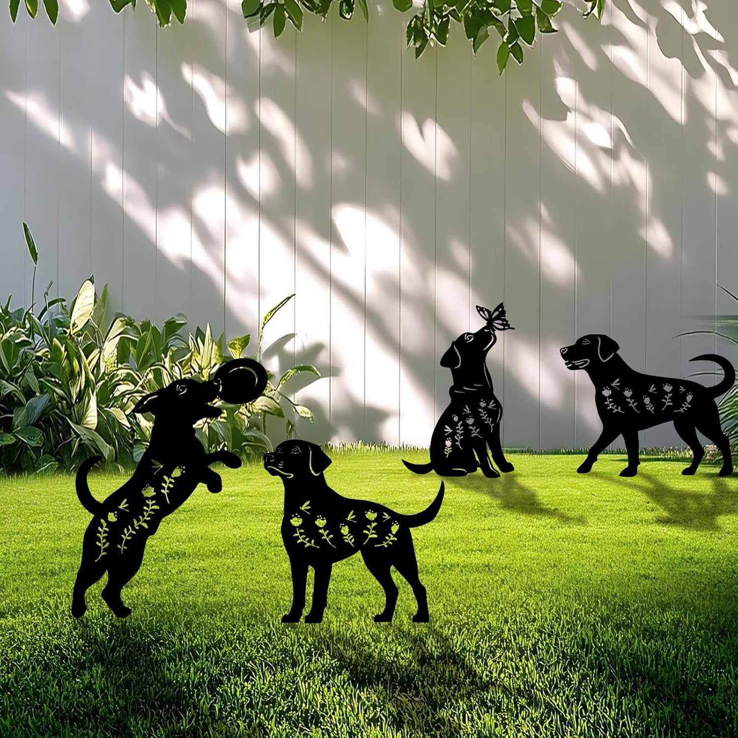 4 Pack Dog Metal Garden Decorative Stakes, Weather Proof Puppy Silhouette Statues for Yard
