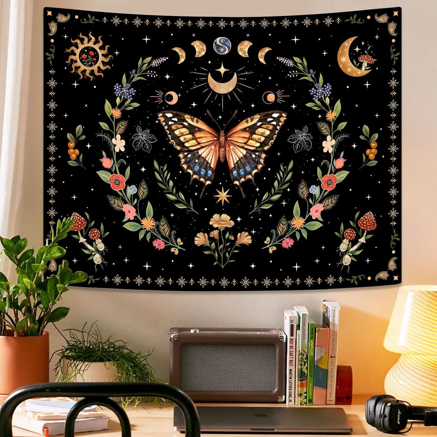 Lunerfex Boho Butterfly Tapestry Flower Moon Wall Tapestry, Moon Phases Tapestries for Bedroom Cute