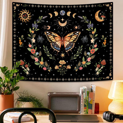 Lunerfex Boho Butterfly Tapestry Flower Moon Wall Tapestry, Moon Phases Tapestries for Bedroom Cute