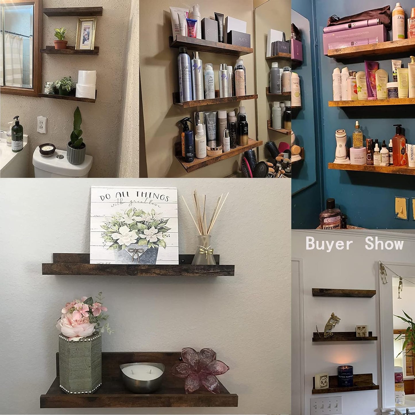 Giftgarden 16 Inch Floating Shelves for Wall Set of 3, Rustic Wall Mounted Picture Ledge Wooden