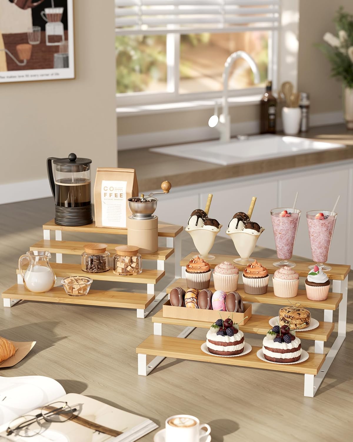SONGMICS Display Risers, Set of 2 Engineered Wood Perfume Organizer Stand, 4-Tier Cupcake Stand