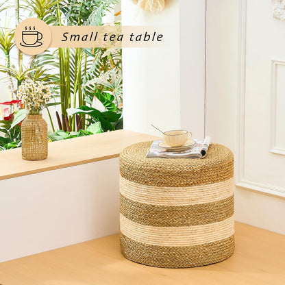 Handwoven Ottoman Pouf, Natural Seagrass Footstool, Round Braided Outdoor Seat with Sturdy Frame