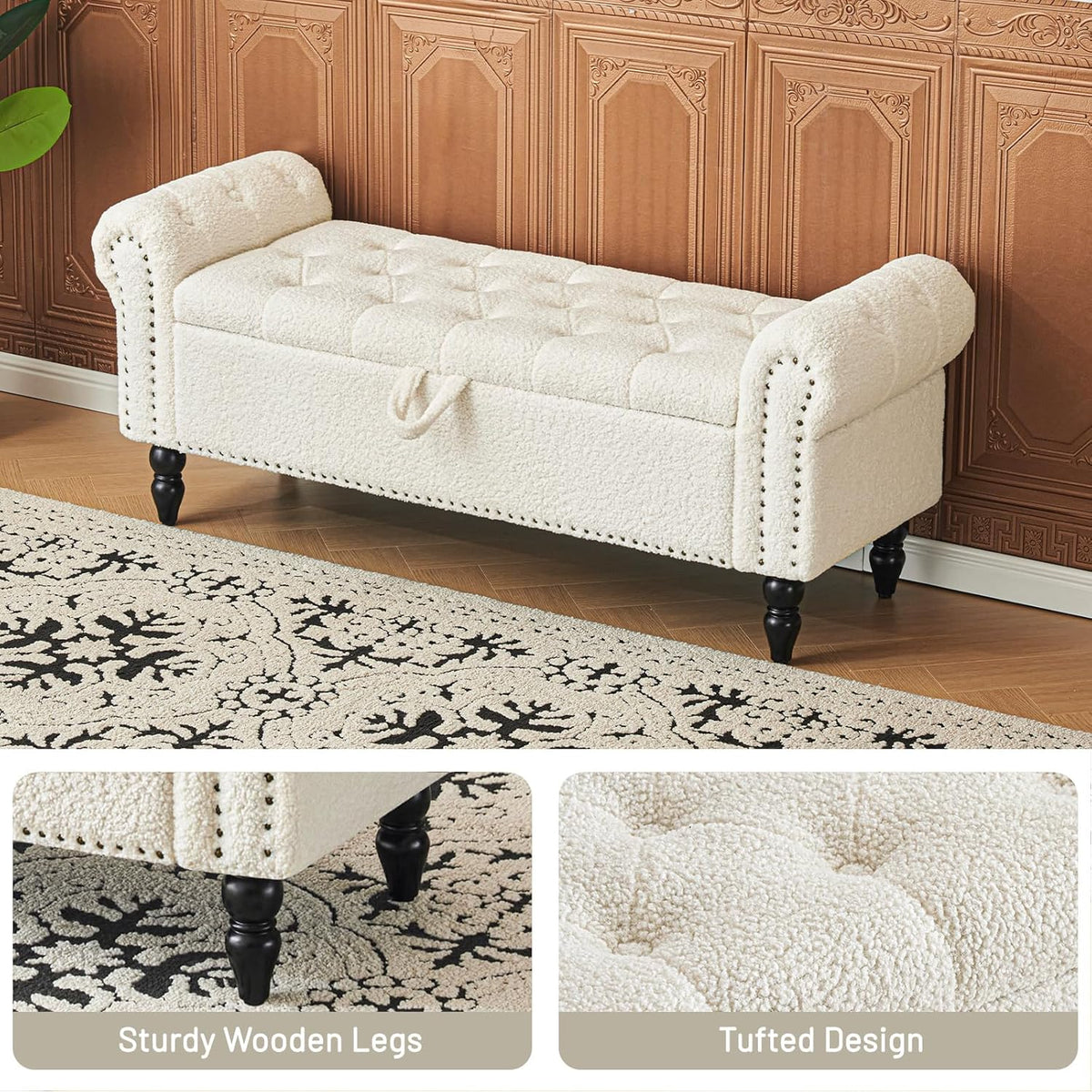 Furniliving Modern Storage Ottoman Bench, Sherpa Ottoman End of Bed Bench with Solid Wood Legs