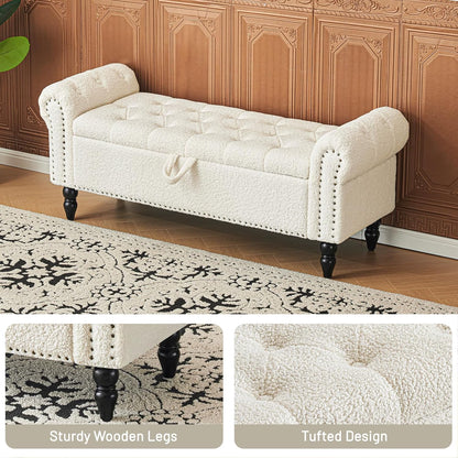 Furniliving Modern Storage Ottoman Bench, Sherpa Ottoman End of Bed Bench with Solid Wood Legs