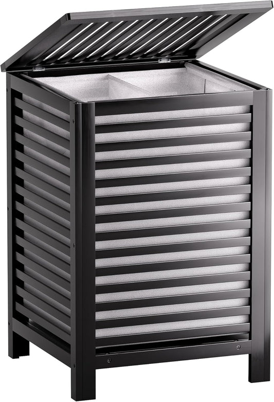 SMIBUY Double Laundry Hamper with Lid, 120L Bamboo Laundry Basket with Removable Liner Bag