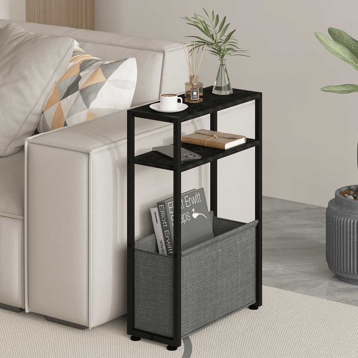 Narrow Side Table, Slim End Tables with Fabric Basket, Skinny Table for Small Spaces, Thin Bedside