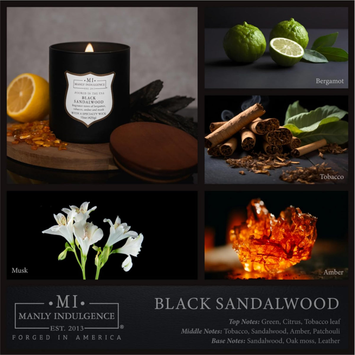 Manly Indulgence Black Sandalwood Scented Candle for Men 15 oz – Bergamot, Tobacco, Amber & Musk