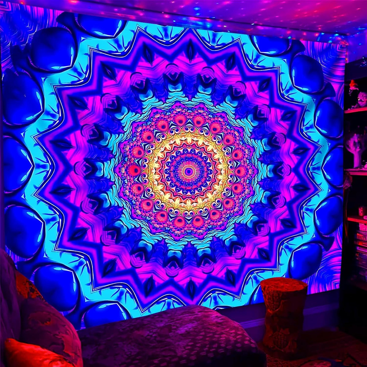 Blacklight Mandala Tapestry for Bedroom, Black Light Posters for Adults and Teens, Colorful UV