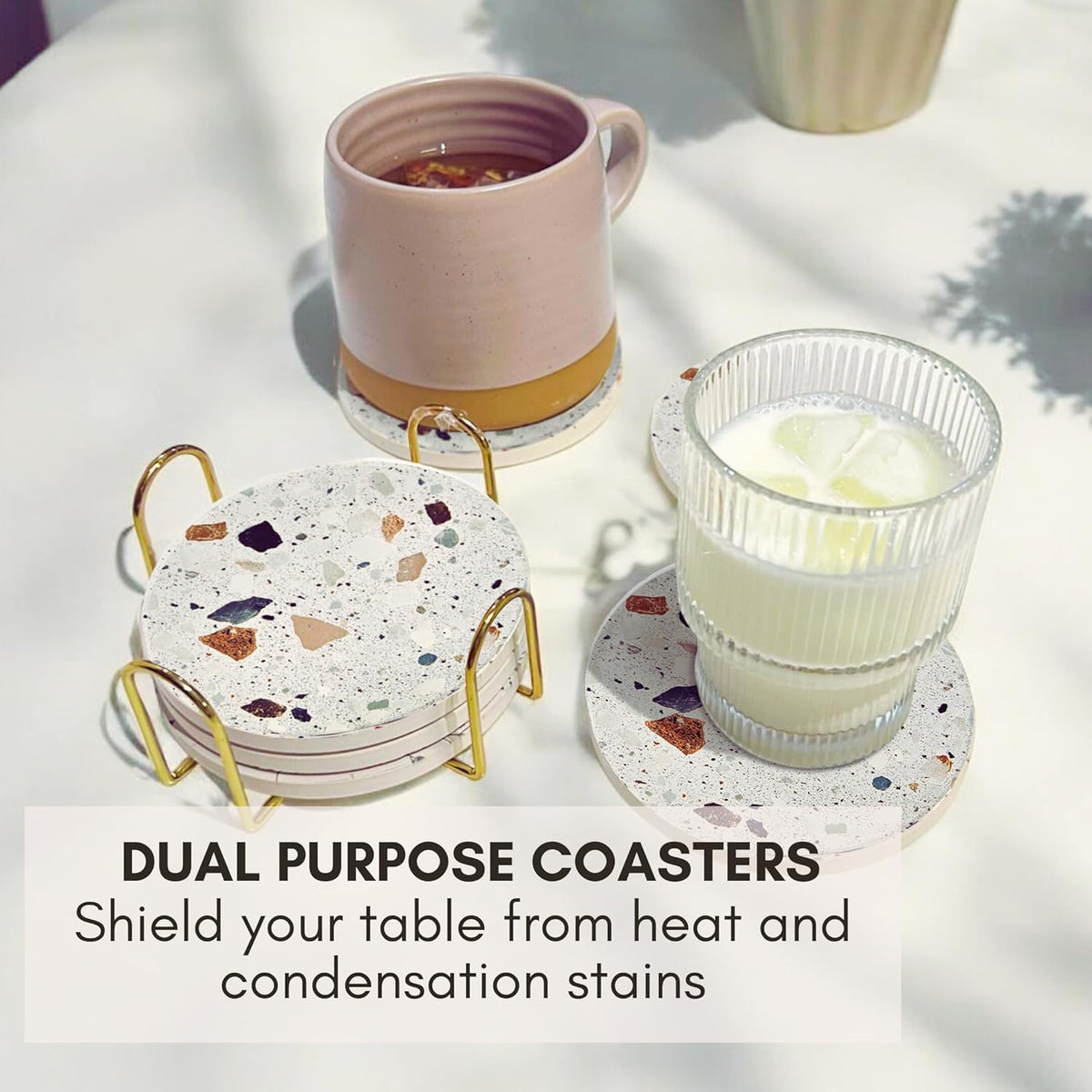 Terrazzo Drink Absorbent Coasters with Holder Set of 6, Ceramic Coaster for Drinks, Coffee Table
