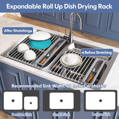 Over The Sink Dish Drying Rack for Kitchen, Expandable (12.8"-23.8" D x 15.5" W) Roll Up Dish