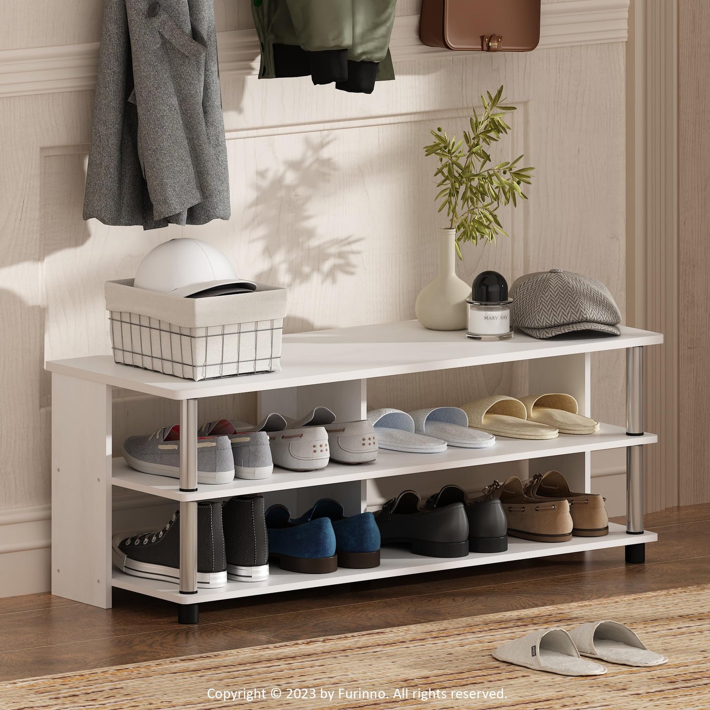 Furinno Turn-N-Tube Shoe Rack, 3-Tier Shoe Organizer, Compact Shoe Storage with Open Shelves and