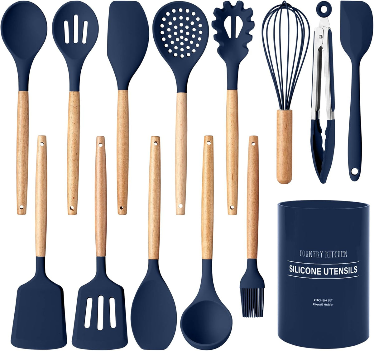 Country Kitchen Non Stick Silicone Utensil Set with Rounded Wood Handles for Cooking and Baking, 14