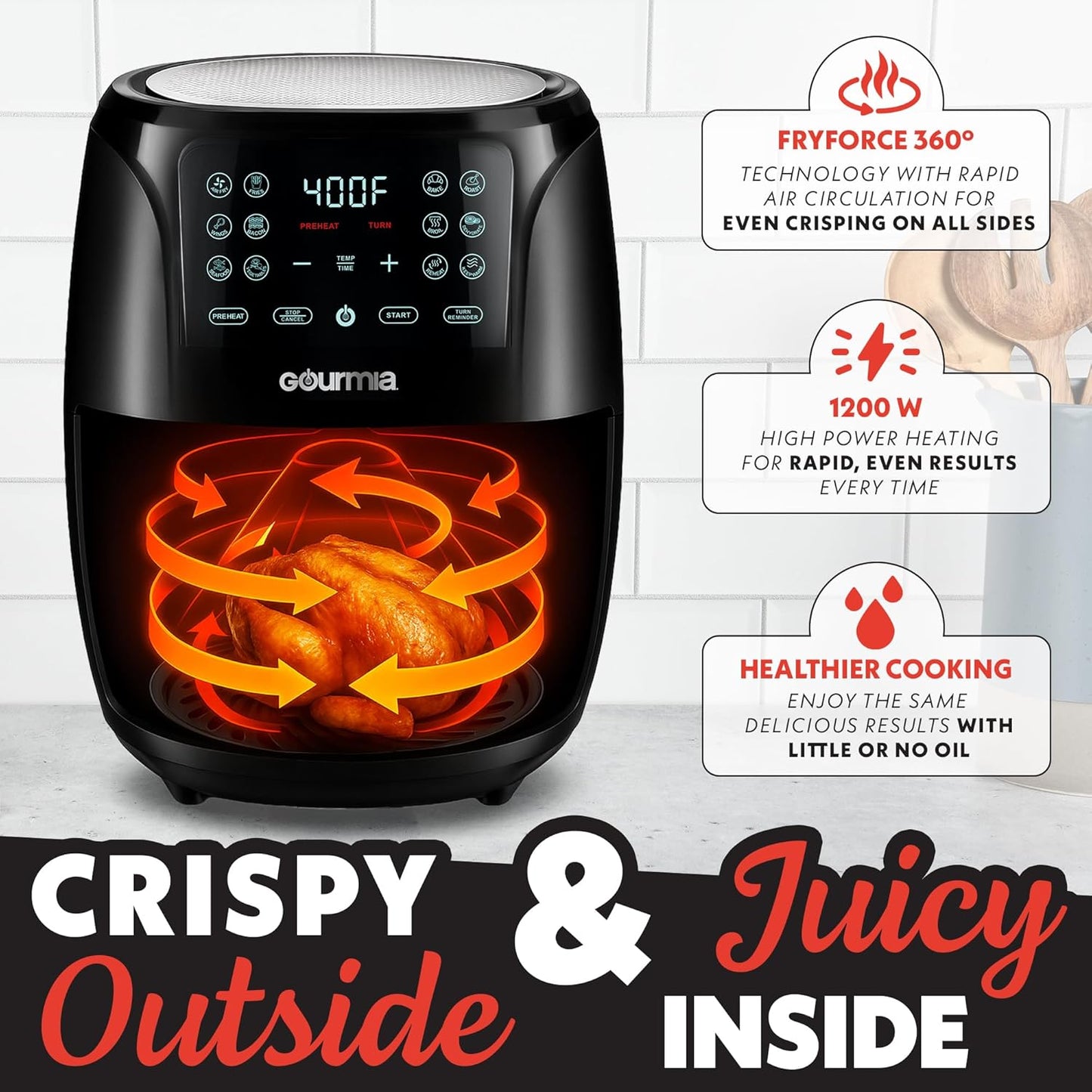 Gourmia Air Fryer 6 QT Digital – Guided Cooking with 12 One‑Touch Presets, FryForce 360 Large XL