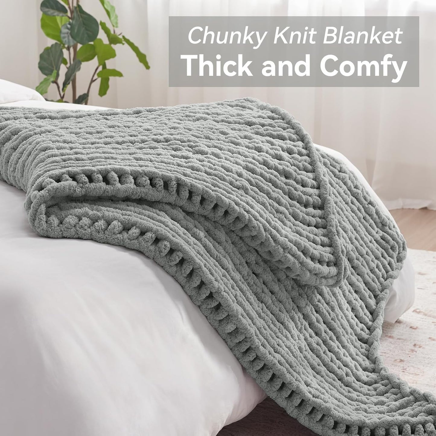 Chunky Knit Throw Blanket, 50''*60'' Knitted Throw Chenille Yarn for Bed Couch, Handmade Light Grey