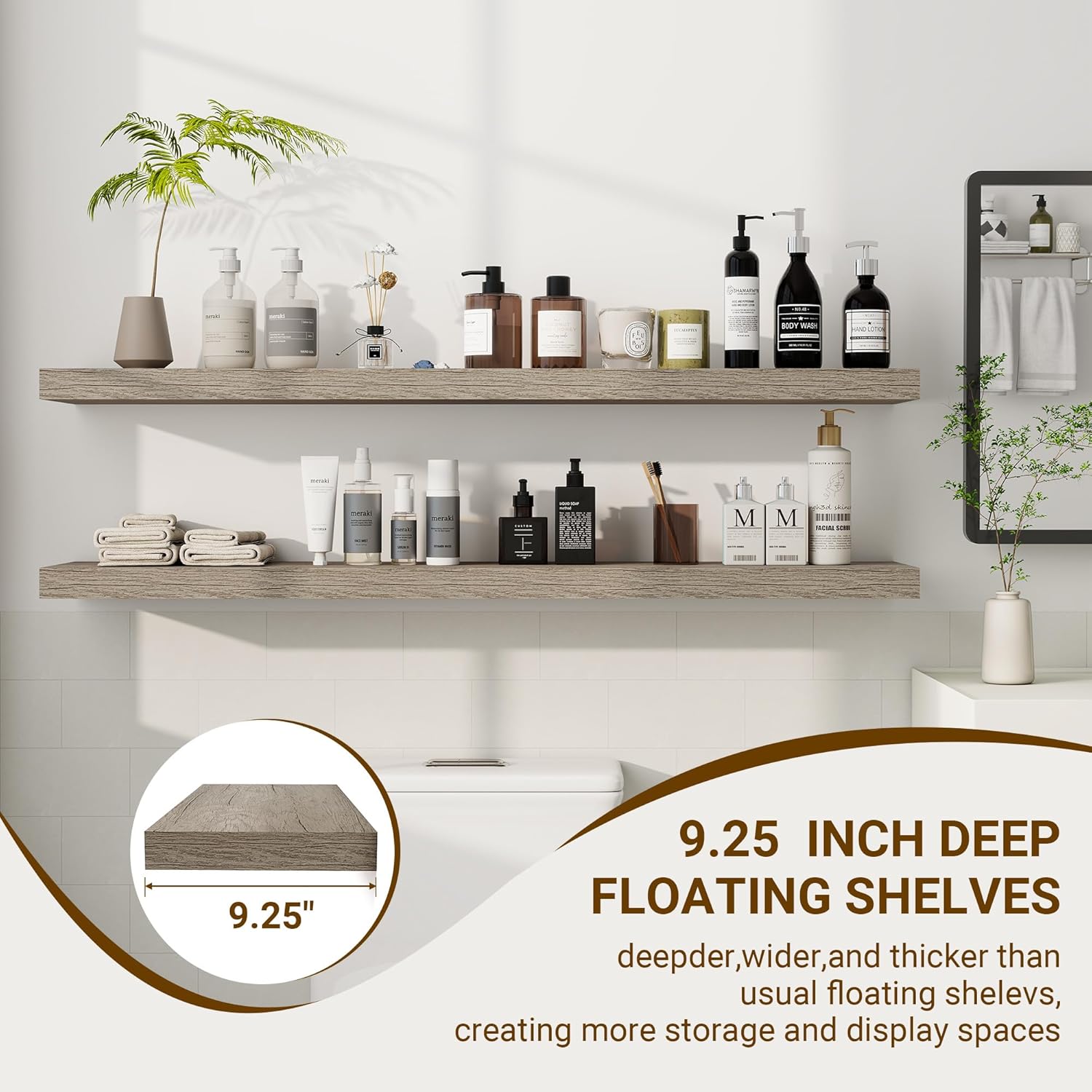 48 Inch Floating Shelves, 3D Textured Wood Grain, 48"x9.25"x1.5" Inch Deep Floating Shelves for