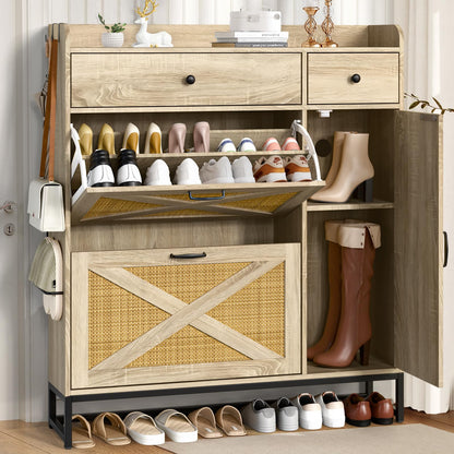 Holiwei Shoe Cabinet Rattan Woven with High Boot Storage, Large Capacity Modern Entryway Organizer
