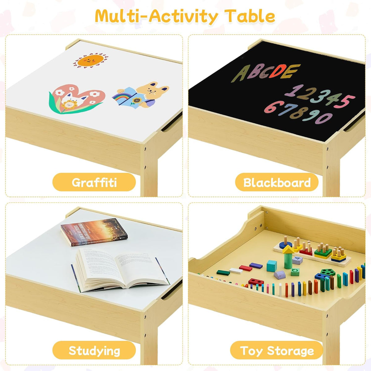Kids Table and Chair Set, 3 in 1 Wooden Activity Table with Detachable Tabletop, Toddler Table and