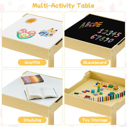 Kids Table and Chair Set, 3 in 1 Wooden Activity Table with Detachable Tabletop, Toddler Table and